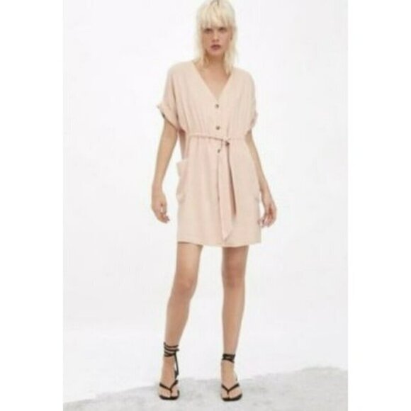 Zara Light Pink Button Tie Waist T Shirt Dress XSmall - Picture 1 of 12